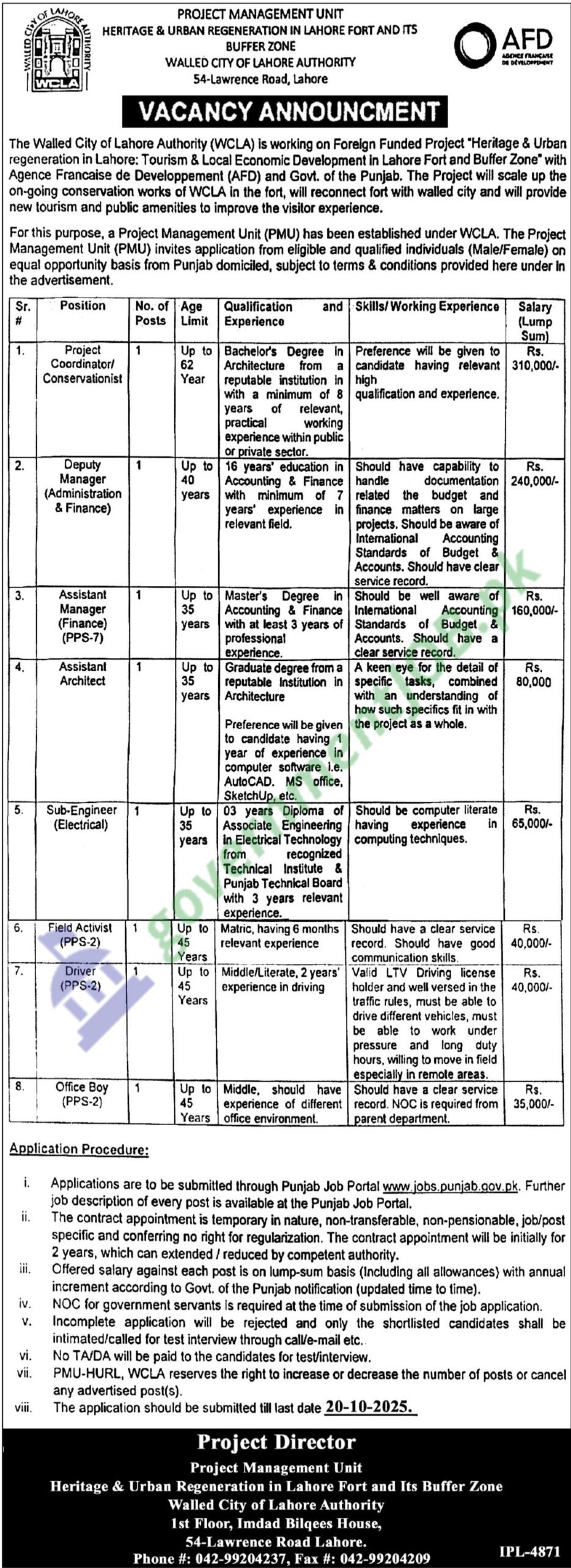 Walled City of Lahore Authority (WCLA) Jobs 2025 — Project Management Unit for Heritage & Urban Regeneration in Lahore Fort & Buffer Zone (AFD–Funded)