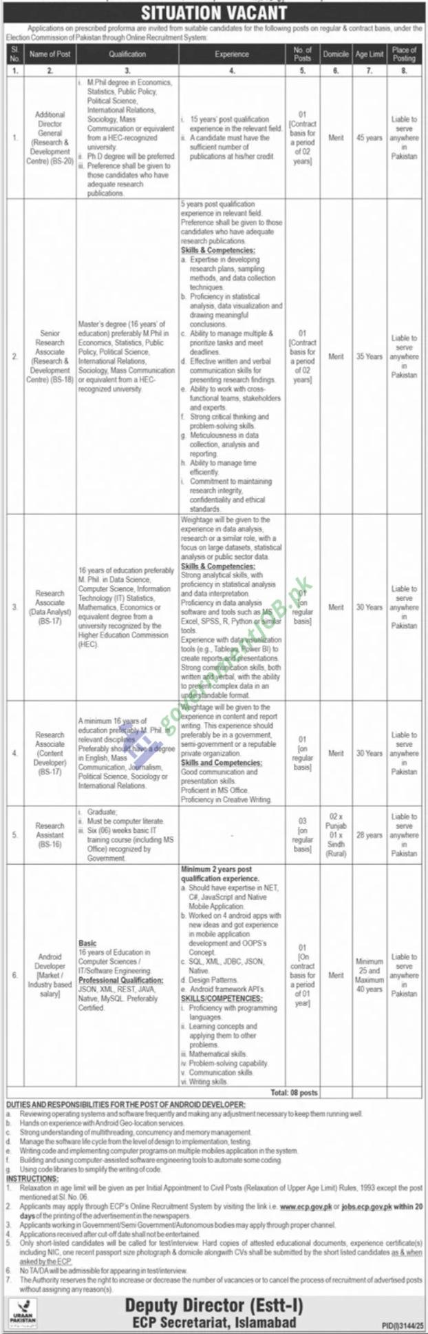 Additional Director General, Senior & Junior Research Roles, Android Developer — Election Commission of Pakistan (ECP) Jobs 2025