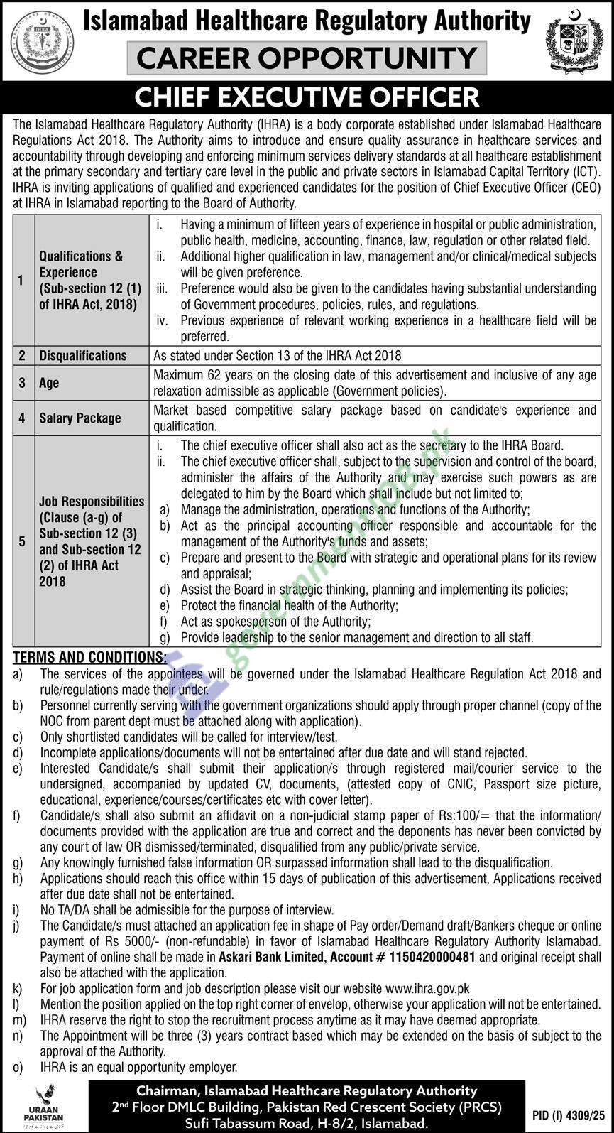 Chief Executive Officer (CEO) – Islamabad Healthcare Regulatory Authority (IHRA) Jobs 2025, Islamabad