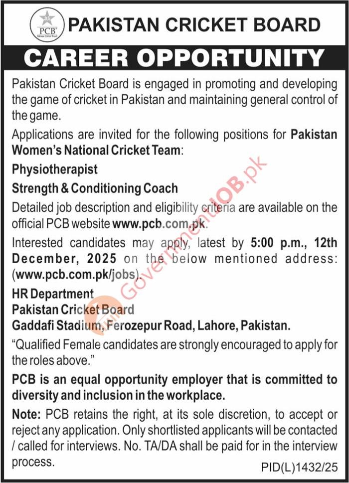 Pakistan Cricket Board (PCB) Jobs 2025 – Physiotherapist & Strength & Conditioning Coach for Pakistan Women’s National Cricket Team, Lahore