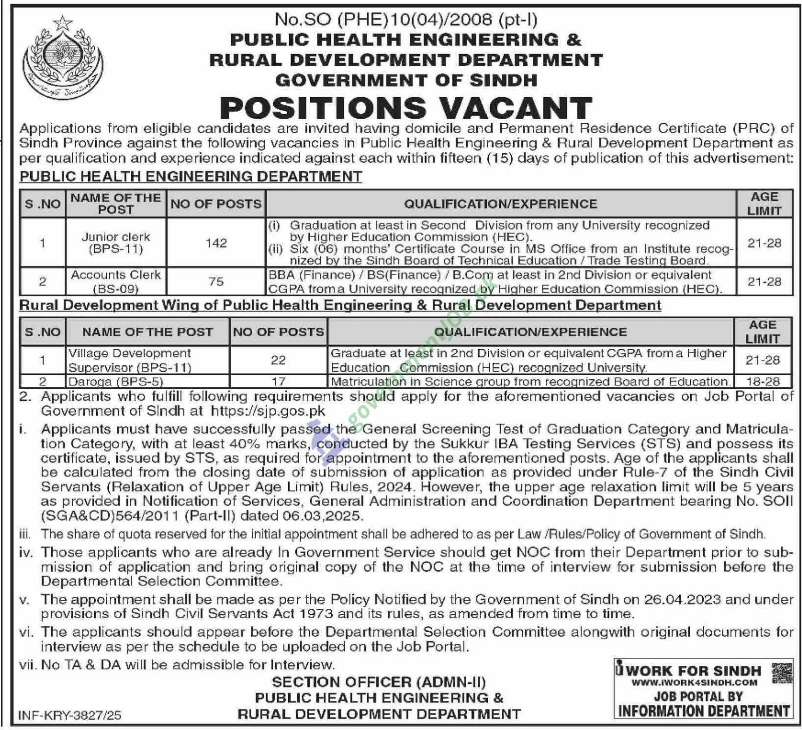 Public Health Engineering & Rural Development Department Sindh Jobs 2025 (Junior Clerk, Accounts Clerk, Village Development Supervisor, Daroga)