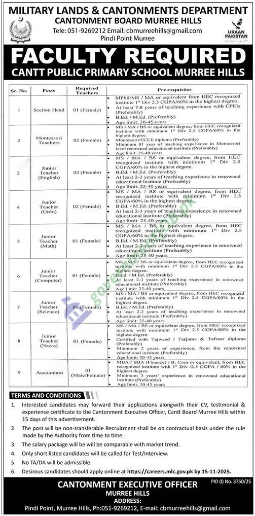 MLC Cantt Public Primary School Murree Hills Jobs 2025 – Section Head, Montessori & Junior Teachers, Accountant (Military Lands & Cantonments Department)