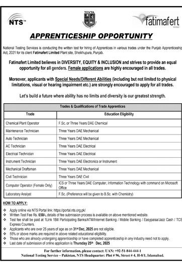 Apprenticeship Opportunity at Fatimafert Limited (NTS) Jobs 2025 — Chemical Plant Operator, Maintenance Technician, Electrical & Instrument, Computer Operator, Laboratory Analyst & More