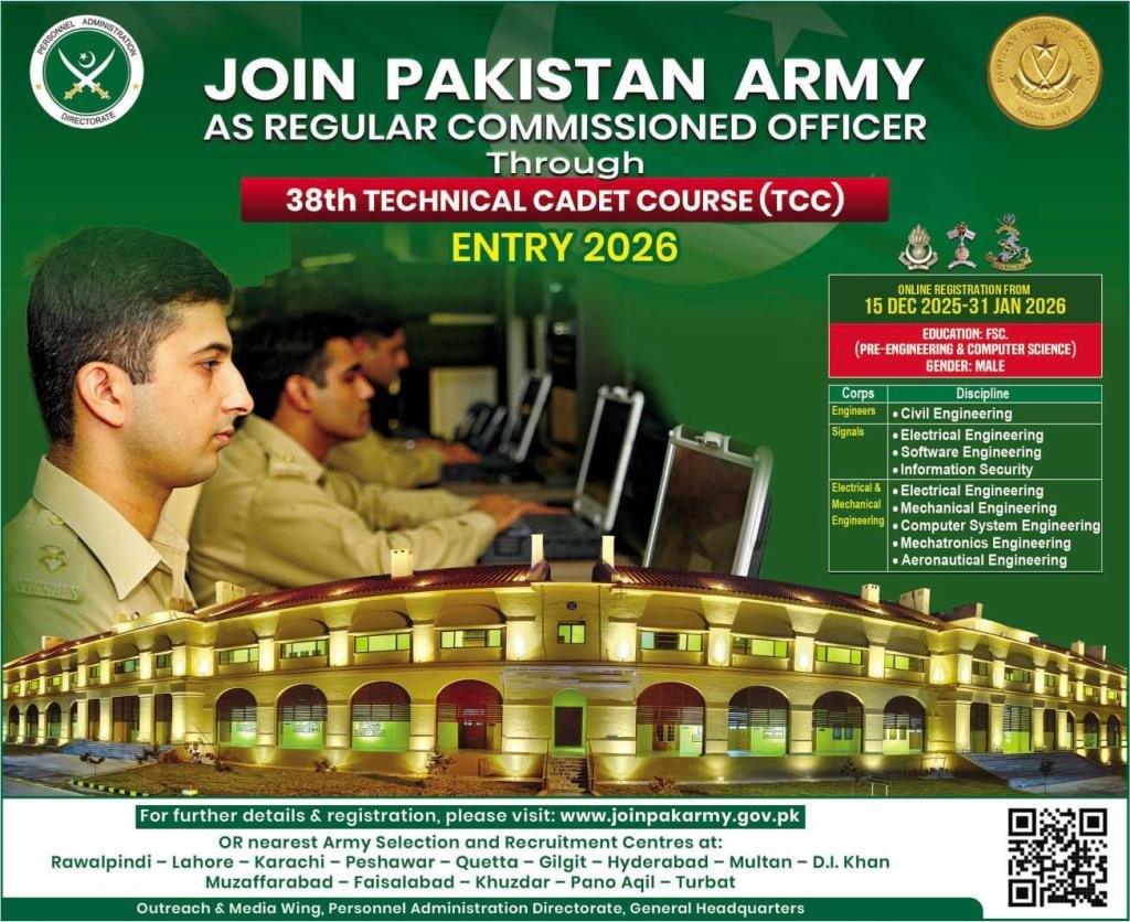 Pakistan Army Jobs 2025 - Join as Regular Commissioned Officer Through 38th Technical Cadet Course (TCC) – Entry 2026 (Engineering & IT Officer Cadets)