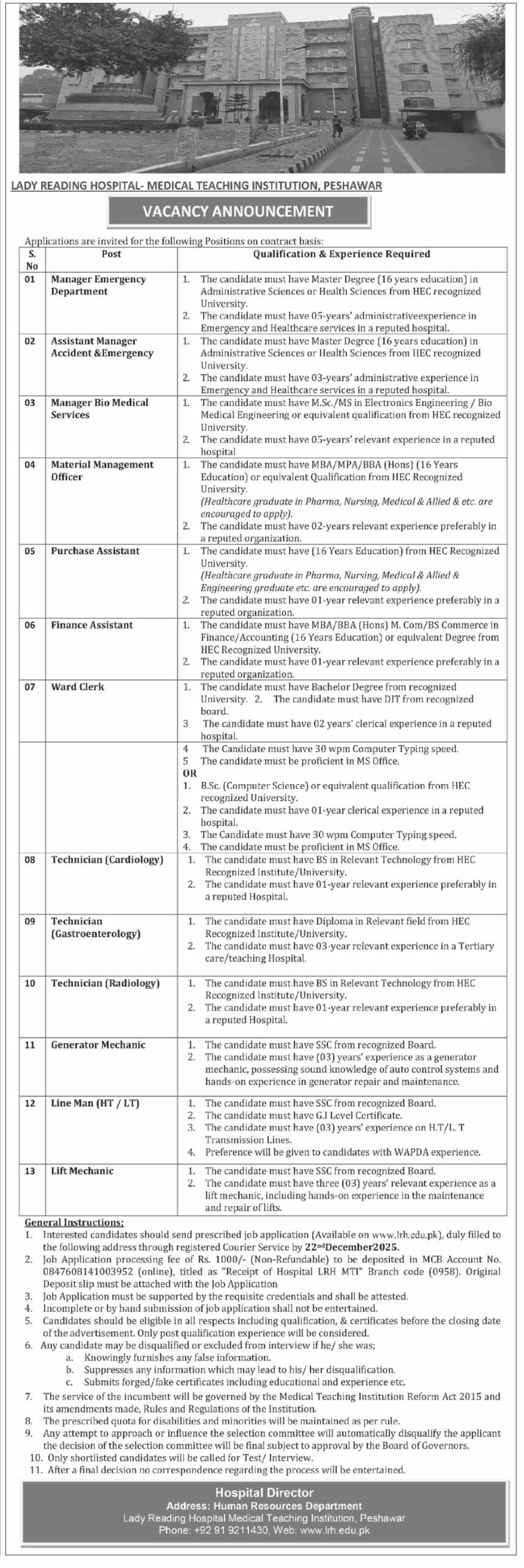 Lady Reading Hospital MTI Peshawar Jobs 2025 — Emergency & Clinical Management, Biomedical, Supply Chain, Finance, Ward Clerks, Technicians, and Skilled Trades (Contract)