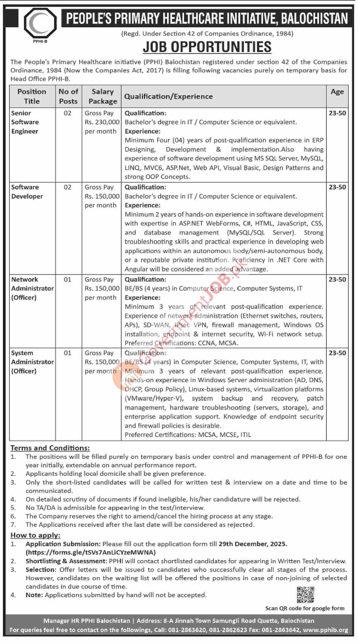PPHI Balochistan Jobs 2025 (Head Office Quetta) – Senior Software Engineer, Software Developer, Network Administrator, System Administrator