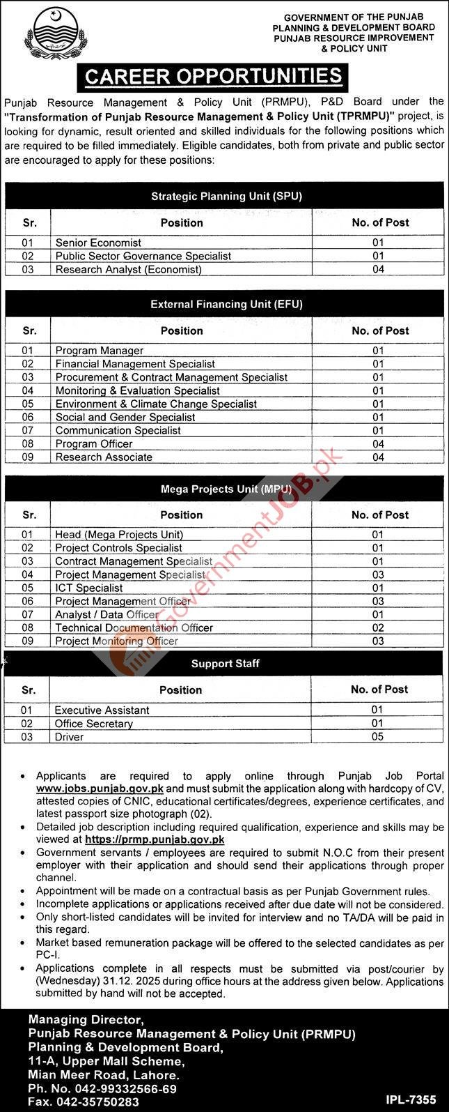Punjab Planning & Development Board PRMPU Jobs 2025 (Lahore) – Career Opportunities in Economics, Governance, Finance, Procurement, M&E, ICT, Projects & Support Staff