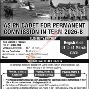 Pakistan Navy as PN Cadet 2026-B (Permanent Commission) Job Advertisement