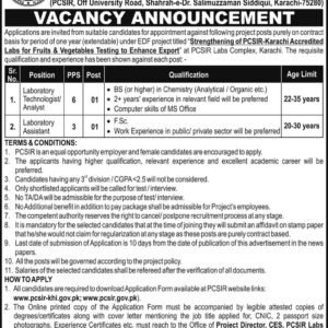 Laboratory Technologist / Analyst Job Advertisement