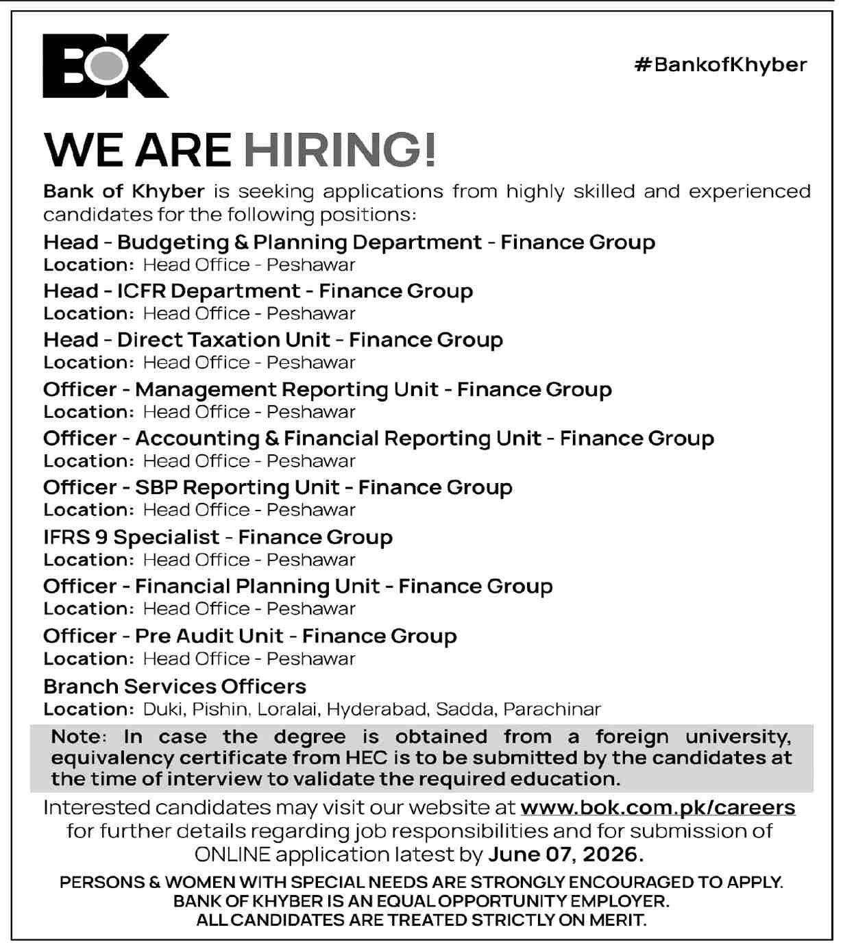 Bank of Khyber Jobs 2026 | BOK Apply Online for Finance and Branch Services Positions