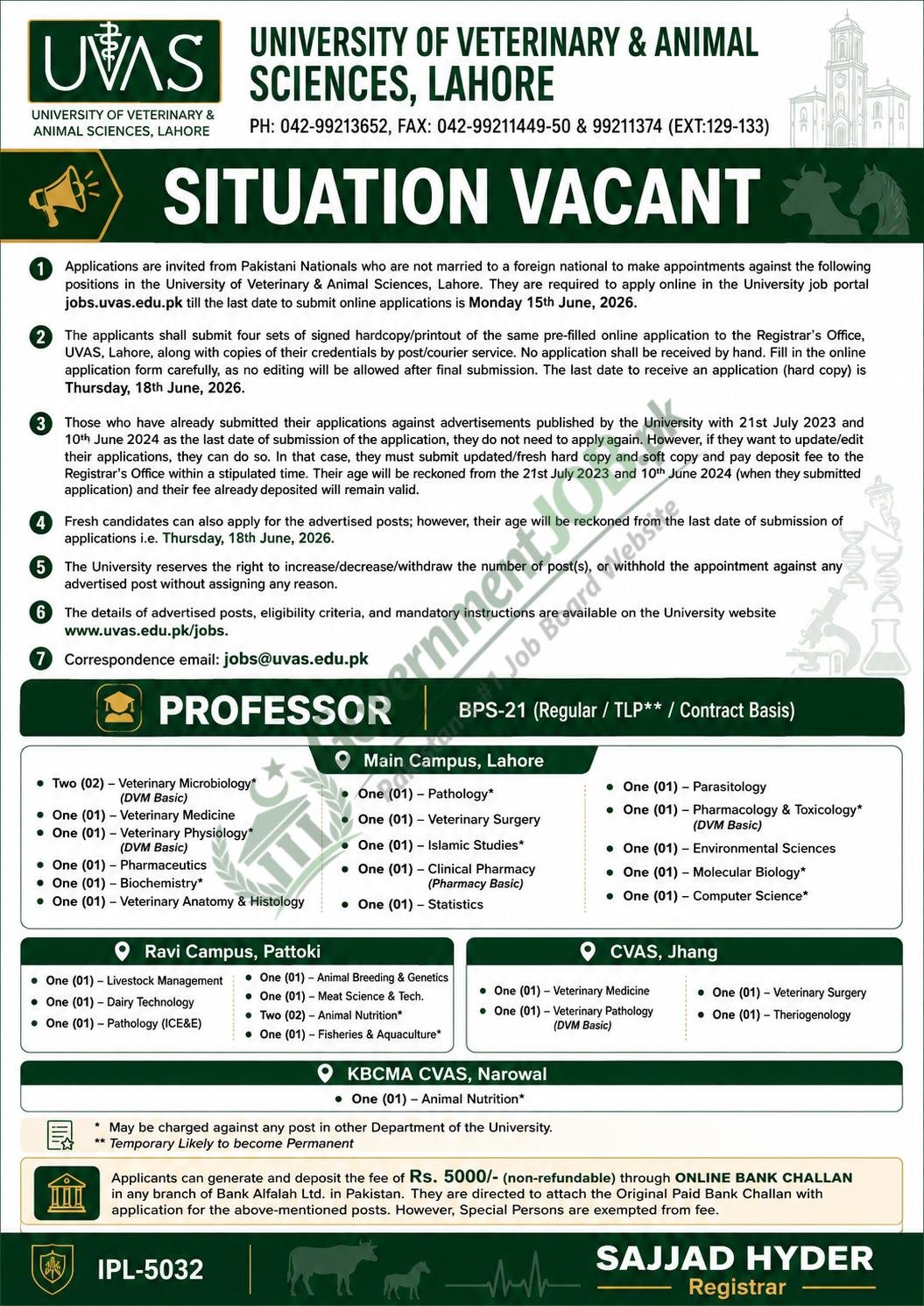 UVAS Jobs advertisement