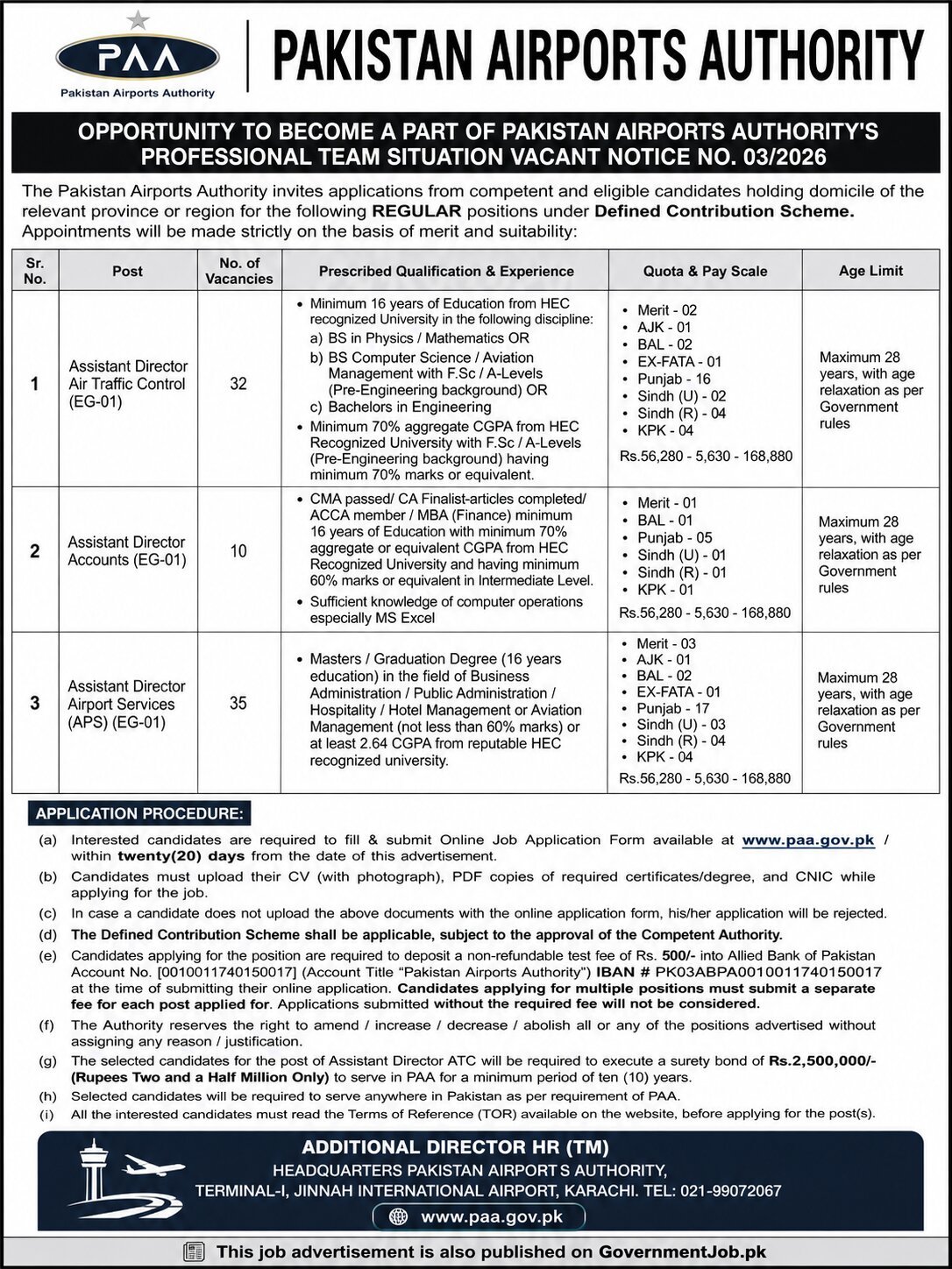 Pakistan Airports Authority (PAA) Jobs Advertisement No. 03/2026